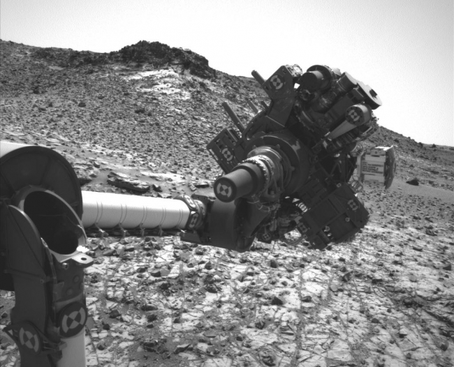 Curiosity's Arm Holding Steady, Sol 915, This image from the Navigation Camera (Navcam) on NASA's Curiosity Mars rover shows the position in which the rover held its arm for several days after a tra...