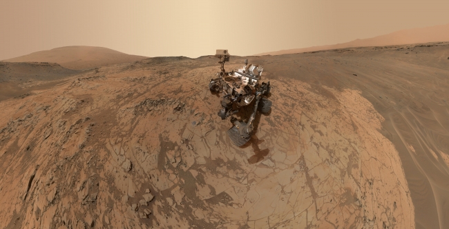 Curiosity Self-Portrait at 'Mojave' Site on Mount Sharp, Annotated Figure Click on the image for larger annotated version This self-portrait of NASA's Curiosity Mars rover shows the vehicle at the "Mojave" site, wh...