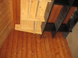 Inside the wooden cabin