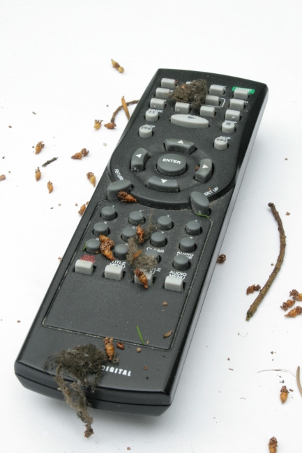 Dirty dusted remote control unit, A modern but dirty and dusted black remote control unit (RC) as used for TV sets, television receivers and VCRs. Cobwebs and various debris lying around the ...
