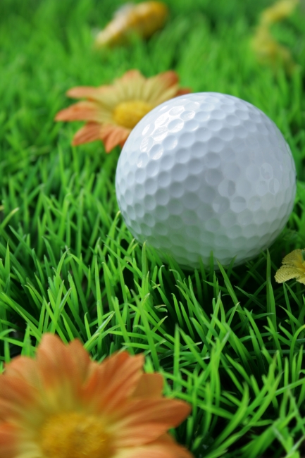 Golfball in close-up on artificial grass, Golfball in the center focus of the image, lying on artificial grass with two flowers, bukeh/ focus blur in the foreground and background, light from upper left