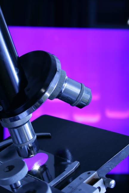 Microscope in front of a magnification of a gene sreening, 