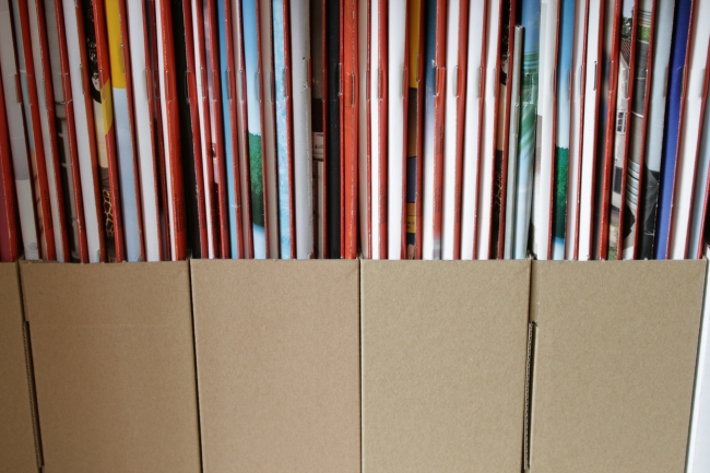 Magazines in storage boxes, Full frame with an archival collection of magazines in cardboard magazine storage boxes, filling the frame