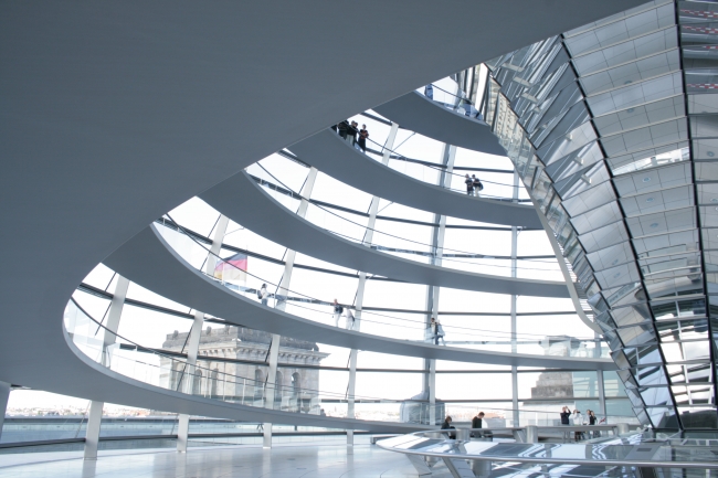 Inside the Reichstag dome in Berlin, Inside the dome on the roof of the German Reichstag, the parliament building in Berlin. Camera positioned at the base of the grand spiral pointing up towards...