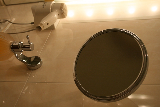 Hotel room bathroom 1, Mirror, soap and blow dryer