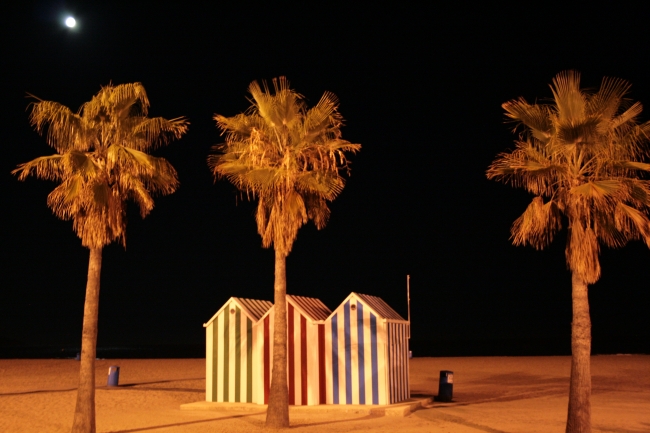 Playa de Poniente in La Cala area, Drei Häuschen, drei Palmen und der Mond