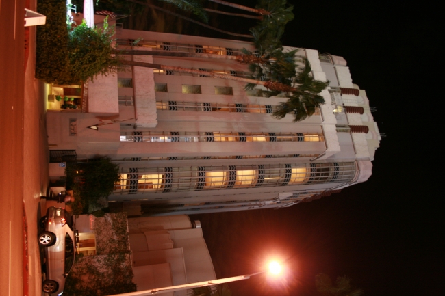 The Sunset Tower Hotel, at 8358 W Sunset Blvd, Los Angeles, CA 90069, at night