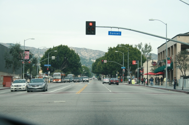 Driving towards Griffith Park, Sunset Blvd. crossing
