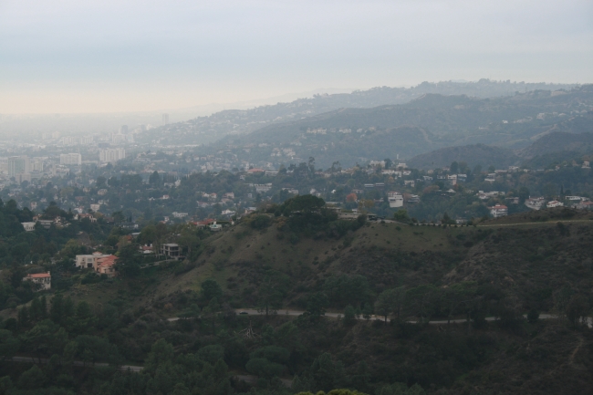 Looking west over Griffith Park and some of the hillside houses, 