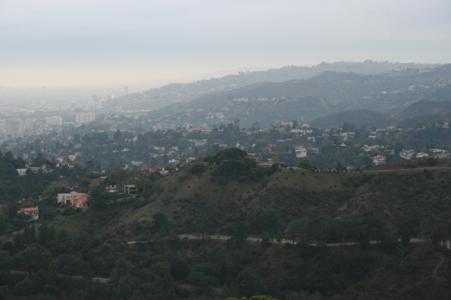 Looking west over Griffith Park and some of the hillside houses, 