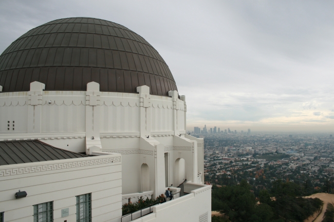 Griffith Park Observatory's western dome and Downtown L.A. behind, 