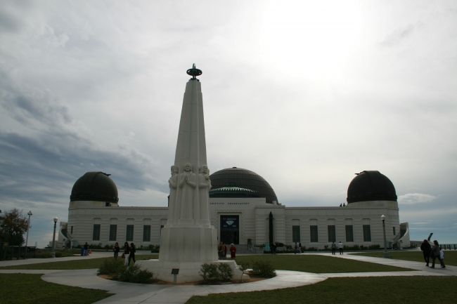 Commanding Griffith Park Observatory with the monument in front, wide-angled view with lots of sky