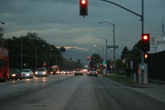 Evening over Santa Monica Blvd., with the hills in the distance, Rexford Dr. crossing