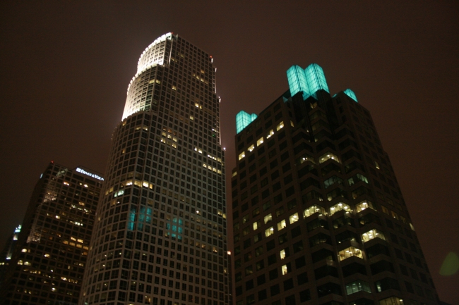 High rise buildings in Downtown Los Angeles at night, 