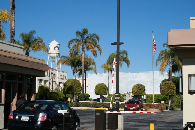 The fake sky on the Paramount Lot, Seen from the gate on Melrose Av, with the logo water tower on the left. The area in front of the sky backdrop is actually a parking lot only to be flooded w...