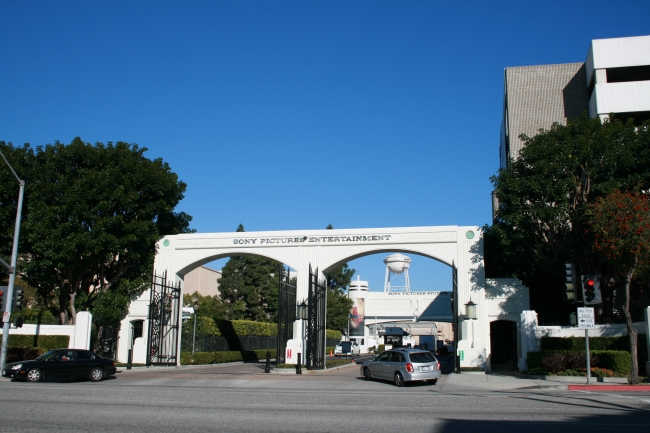 Sony Pictures "Overland Gate" as seen from Overland Av, the water tower is prominently seen, with the power plant and Stage 15 occluding the stilts