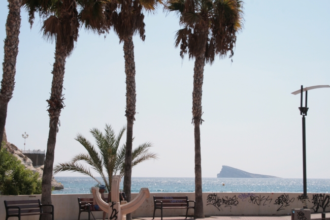 "Isla de Benidorm" and a sun dial from the corner of Port de Benidorm, 