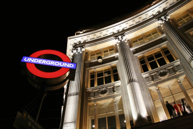 Oxford Circus Underground sign at night 2, a lighter version