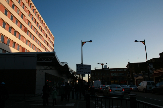 Forest Gate public library, on the left, Tesco in back off-frame