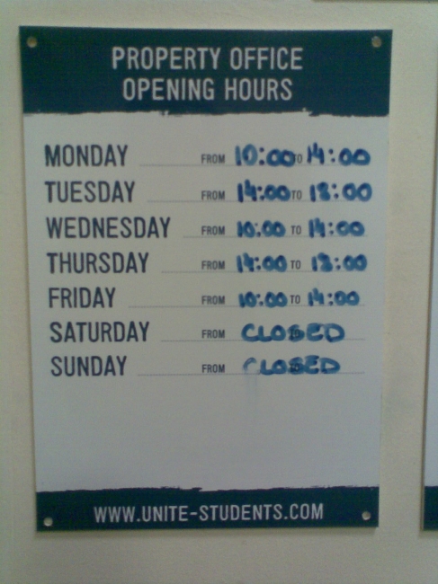 Unite-students.com Property office opening hours, 