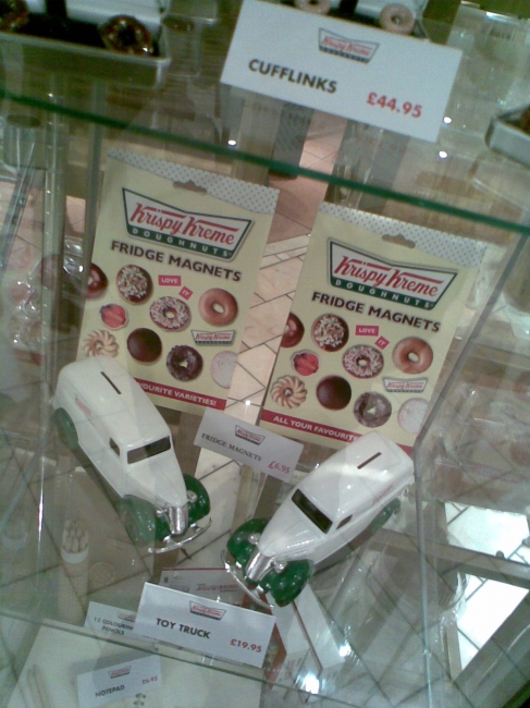 Krispy Kreme Doughnuts display at Harrods, with some old trucks and fridge magnets