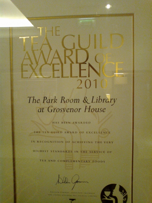 The Tea Guild Award of Excellence 2010 for the Park Room & Library at Grosvenor House, across Hyde Park