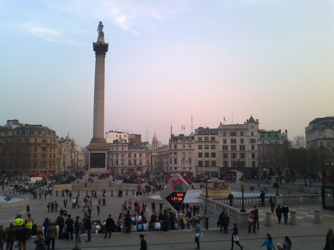 Trafalgar Square, w/ Countdown to the Olympics, as seen from the National Gallery