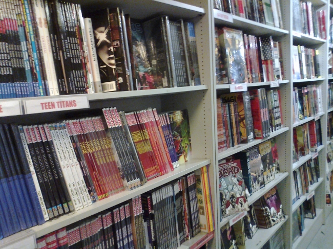Comic book shelves at Forbidden Planet comic shop, London, West End, 