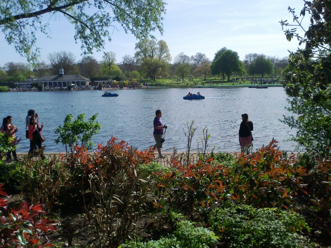 People and the lake in Hyde Park, 