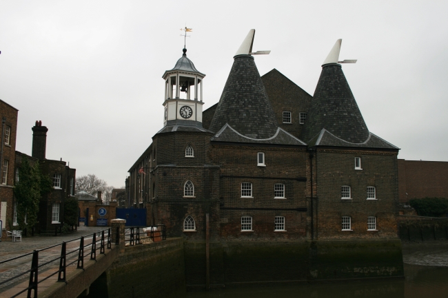 3 Mills main building, today, site of a sophisticated movie and tv studio lot, a former distillery with the signature towers/vents