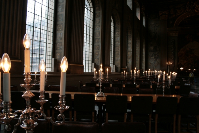 College dining room, with electric chandeliers