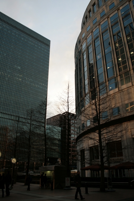 Canary Wharf buildings, high rise, much glass, finance...