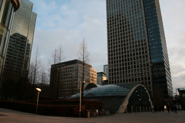 Tube station at Canary Wharf, with signature entrance, if you want to see giant escalators, come here