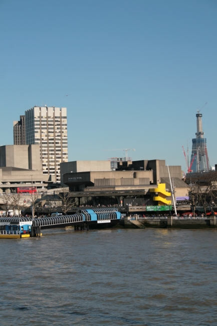 The Shard under construction, with the concrete brutalism in front that is Hayward Gallery and Queen Elisabeth Hall at Waterloo Bridge