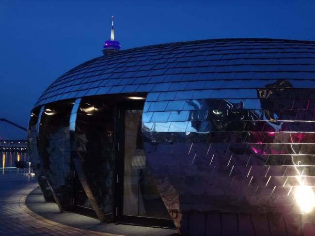 UFO, the bar area's main architectual object, the indoor bar and starcase of DOX restaurant