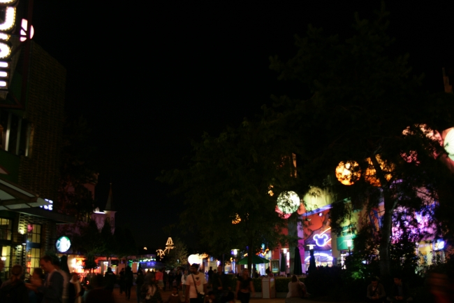 Starbucks on the left, shops, arcade and restaurants on the right, 