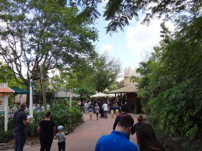 Going into Adventureland, left is Colonel hathi's and on the right a booth selling adventure outpost-like goods