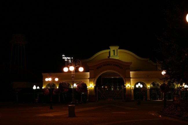 Walt Disney Studios entry at night, 