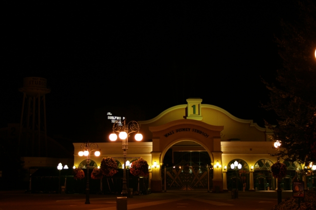 Walt Disney Studios entry at night, 