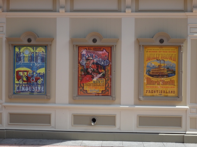 Main Street Station posters, Main Street Limousine service, Disneyland Railroad, Frontierland's Mark Twain and Molly Brown