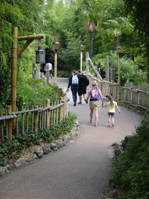 Path to Adventureland's Skull island, with the iconic adventureland lamps