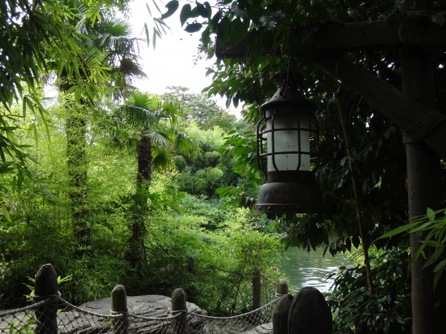 Closeup of a lamp / lantern on skull island, and some of the fisher-net fencing