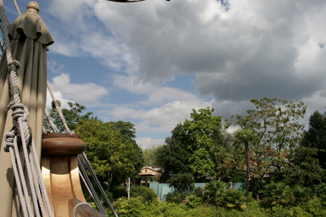 Aboard the Jolly Roger, looking towards Fanatasyland (see the little portal there?) and some refurbishment walling