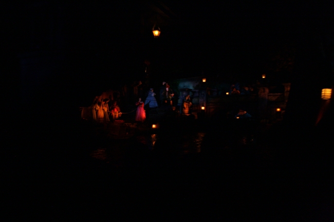 Town night scene in Pirates of the Caribbean, during the ride