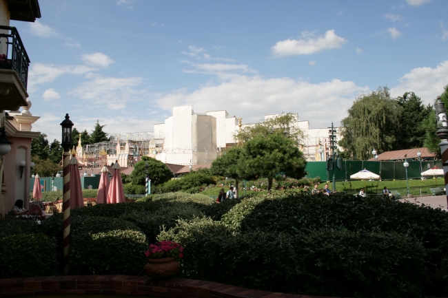 Looking back into Fantasyland, we see the scaffolding built around It's A Small World, as seen from Fantasia Gelati or Bella Note