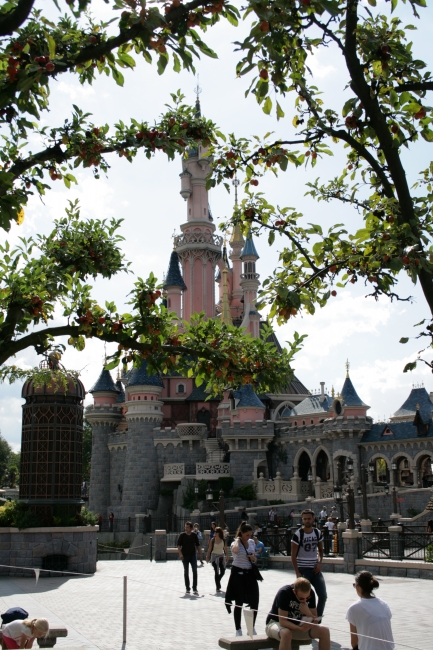 The Castle through leaves, it's debatable if the Sleeping Beauty castle is on Main Street or already part of Fantasyland which lies behind