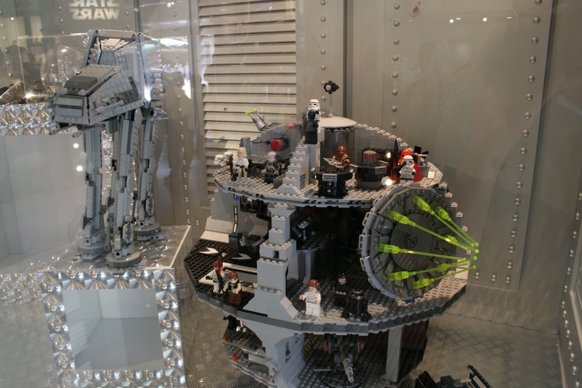 LEGO AT-AT walker and Deathstar, at the Star Trader shoppe, clearly showing the result of the Disney/LEGO/Lucasfilm alliance