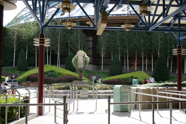 Backside Space Mountain gardening, as seen from Disoverland Theatre queueing area