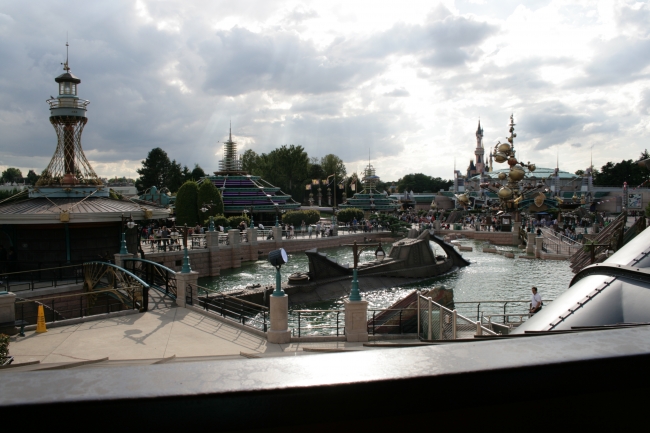 Overlooking Discoveryland, from the elevated queueing area of Space Mountain: Nautilus, Autopia, Orbitron and Sleeping Beauty castle