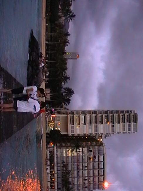 On the concrete catwalk at the Ourtigger Beach Hotel Hawaii, 360 pan 1: Ourigger Beach and the corner of Fort De Russy Beach park with the condo building in between